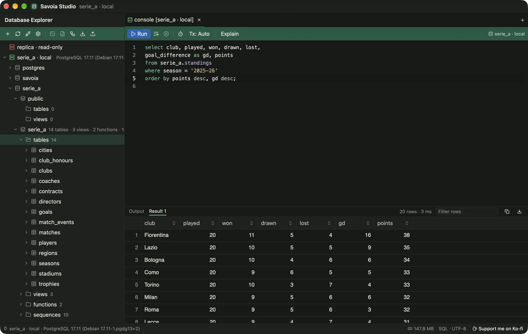 Savoia Studio's main window: the Database Explorer tree on the left, a SQL console with a standings query in the middle, and a result grid of 20 Serie A clubs below it.