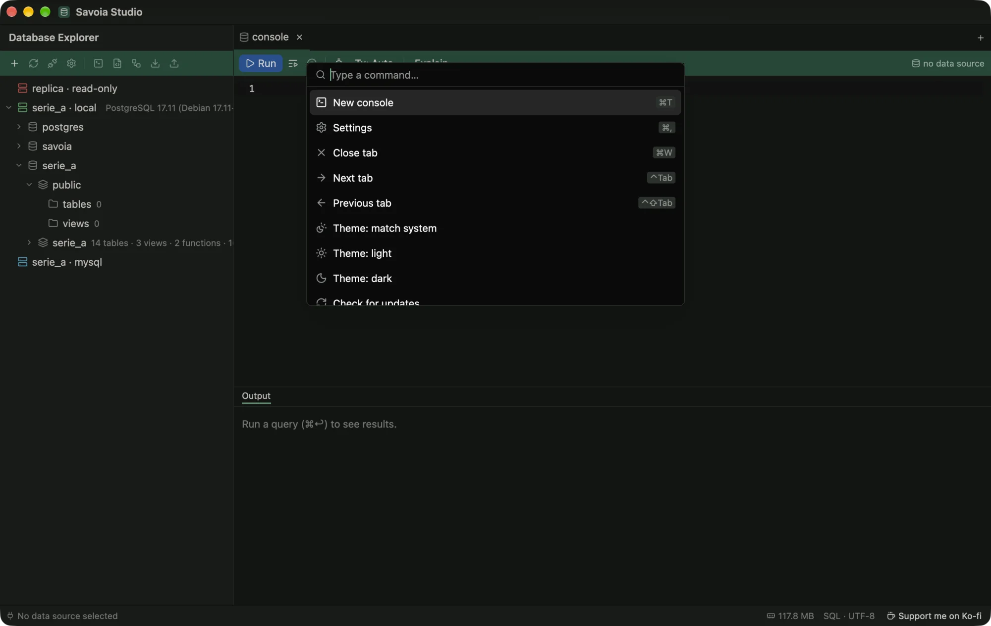 The command palette listing commands with their shortcuts.
